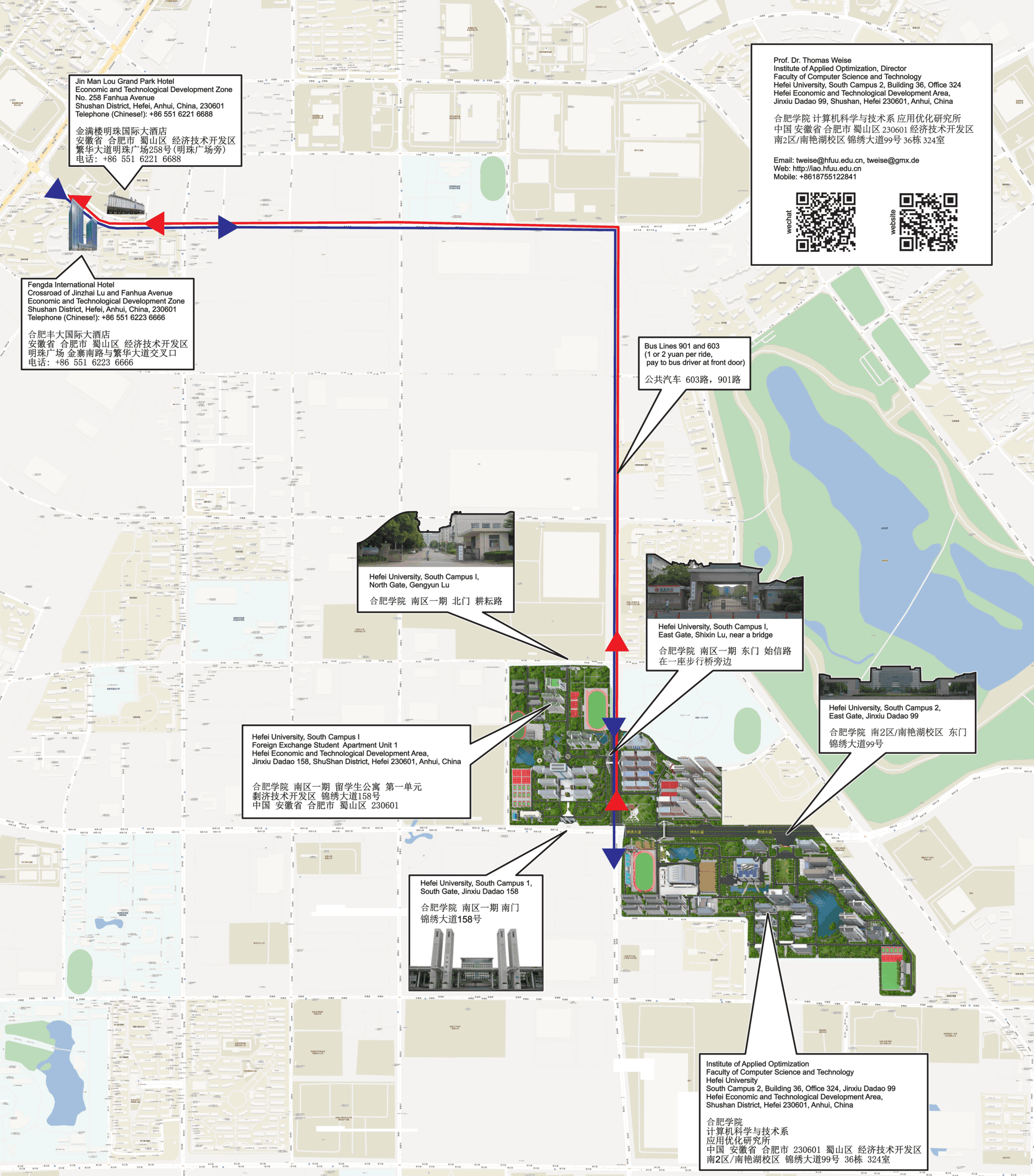 Overview map relating the locations of the two recommended hotels and our uni campus.